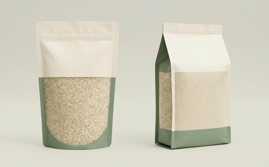 Illustrative comparison of correctly formed stand-up and flat-bottom rice pouches