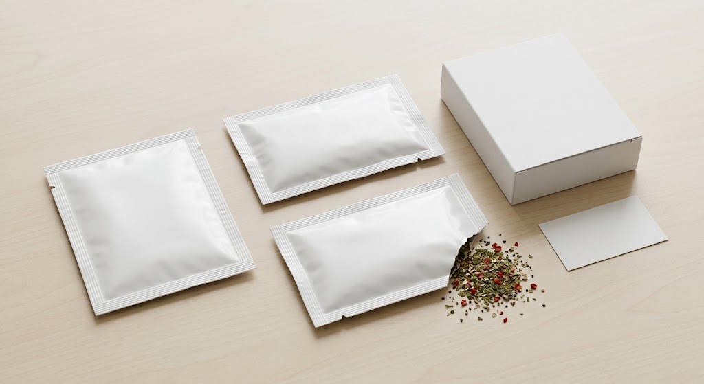 Illustrative labeled-for-internal-use sample set of an empty seasoning packet, filled sealed packet, opened packet and assembled retail carton without readable label text.