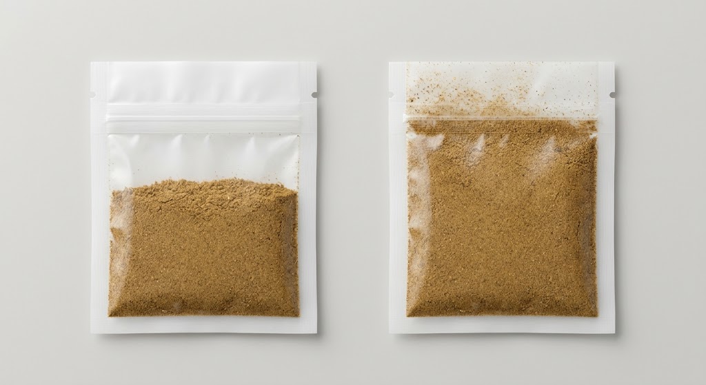 Illustrative side-by-side view of a flat seasoning sachet with a clean top seal band and another with powder entering the seal zone.