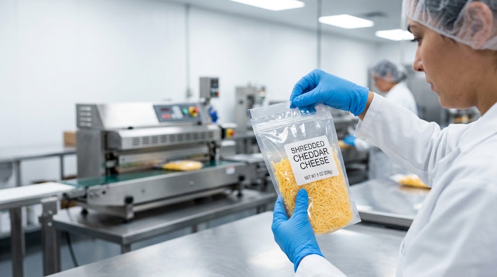 Illustrative quality-control inspection of a heat-sealed shredded-cheese pouch