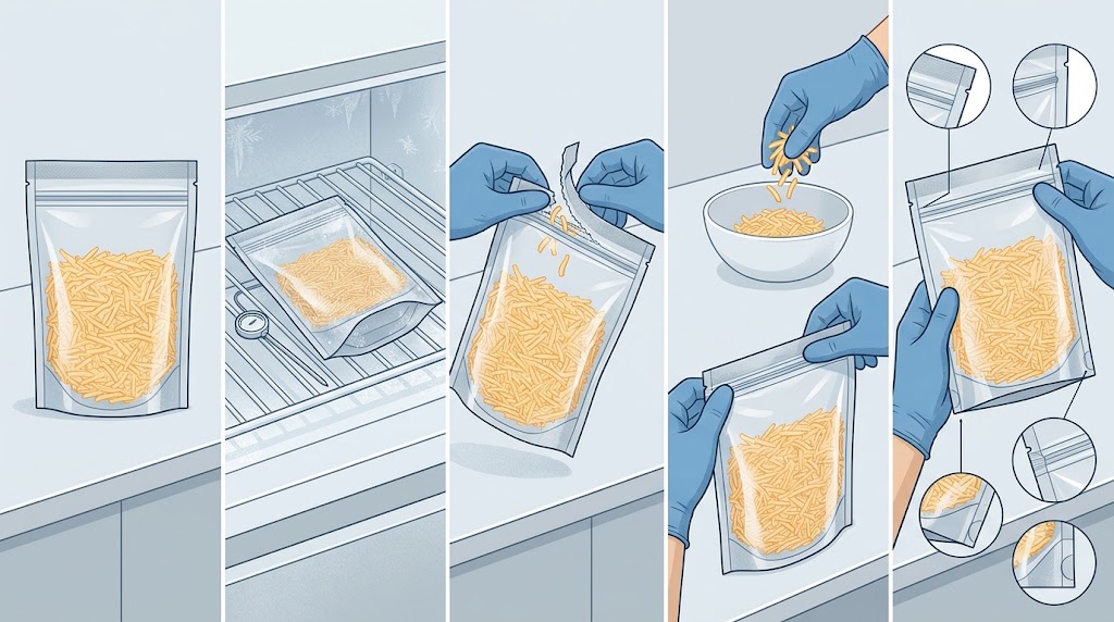 Conceptual freezer storage, opening, reclosure and inspection pathway for a shredded-cheese pouch