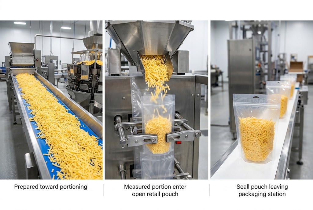 Illustrative sequence of preparing, filling and sealing a shredded-cheese pouch
