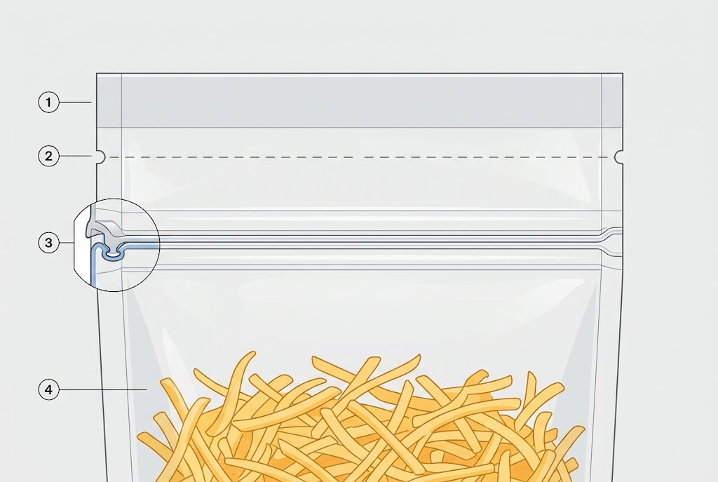 Illustrative shredded-cheese pouch with separate factory heat seal, tear line and press-to-close zipper