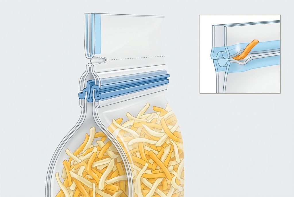 Conceptual cross-section of a shredded-cheese pouch heat seal, cheese-particle channel and plastic press-to-close zipper