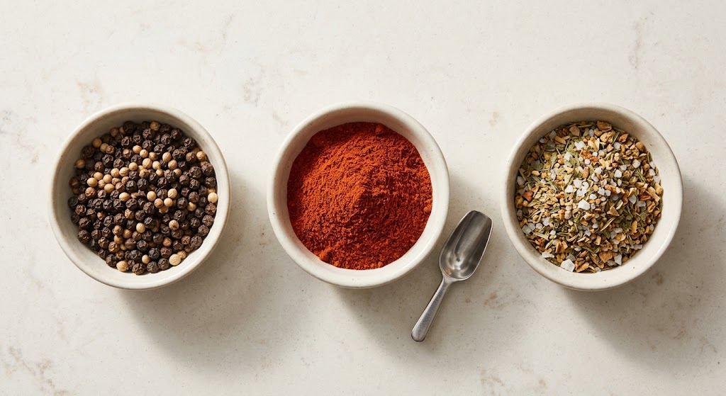 Illustrative overhead comparison of whole spices, ground spice powder and a coarse seasoning blend in separate bowls.