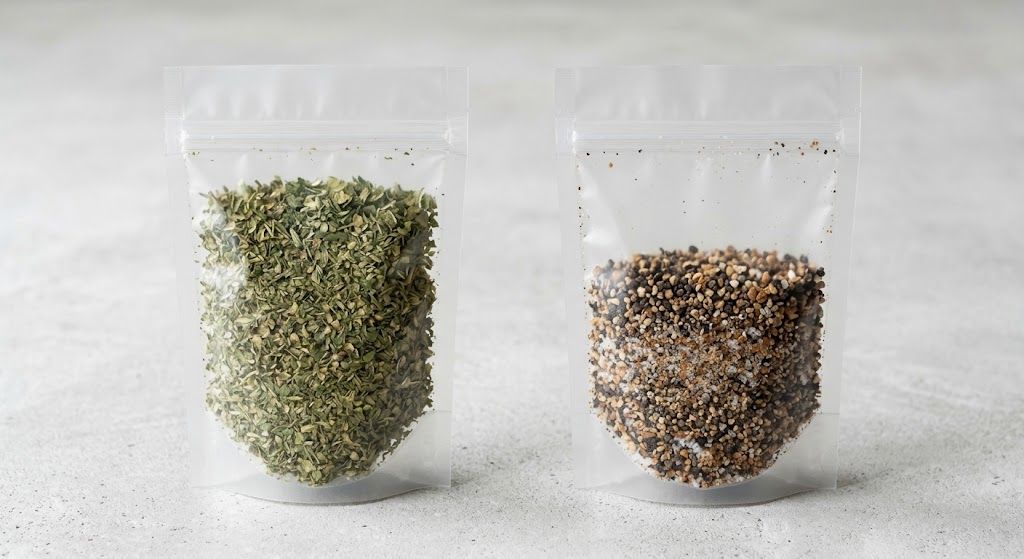 Illustrative comparison of the same nominal 4 by 6 inch pouch filled with equal weights of fluffy herb blend and dense coarse seasoning.
