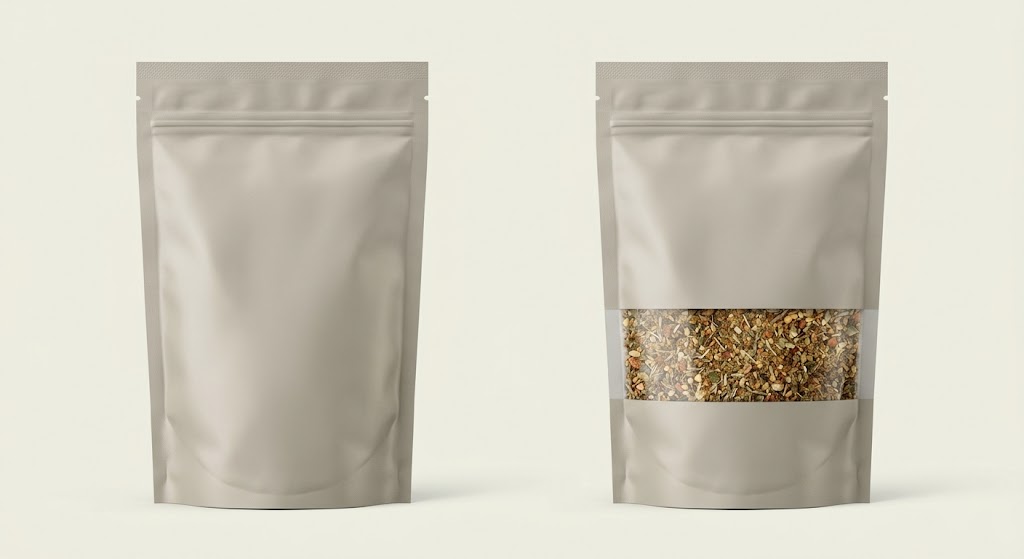 Illustrative side-by-side comparison of opaque and windowed seasoning pouches with the clear panel identified visually.