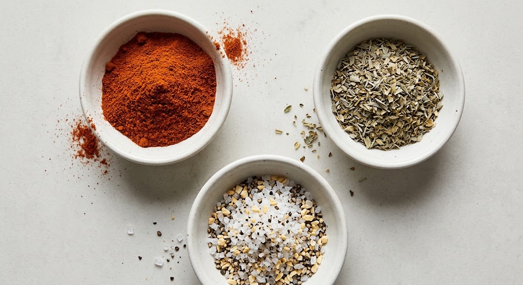 Illustrative overhead comparison of fine spice powder, flaked herb blend and coarse salt seasoning in three separate bowls.