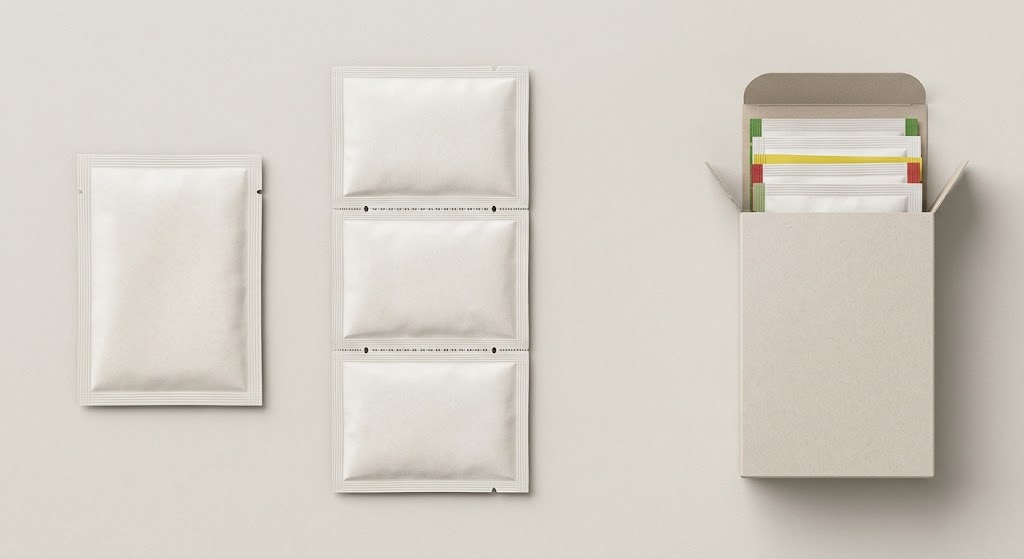 Illustrative flat seasoning packet, connected packet strip and mixed-flavor retail carton shown as three distinct selling formats.
