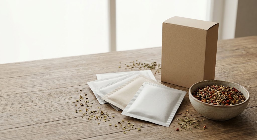 Illustrative collection of sealed single-use seasoning packets arranged beside a dry spice blend and a retail carton.