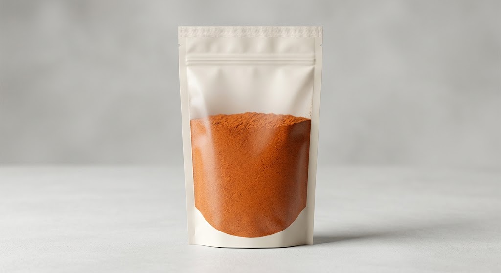 Illustrative filled spice pouch with powder below a zipper and top heat-seal area.