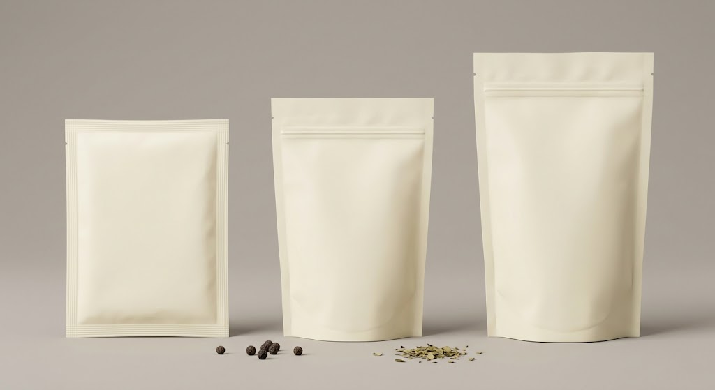 Illustrative comparison of sealed flat spice packets, small stand-up retail pouches and a larger seasoning refill pouch.