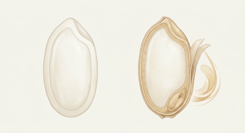 Illustrative cutaway comparing polished white rice without the bran layer and brown rice retaining the bran and germ.