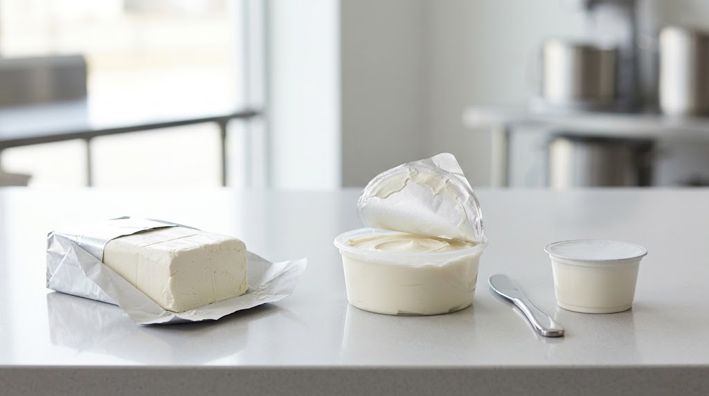 Cream cheese block with a foil-based wrap, spreadable tub and single-serve cup