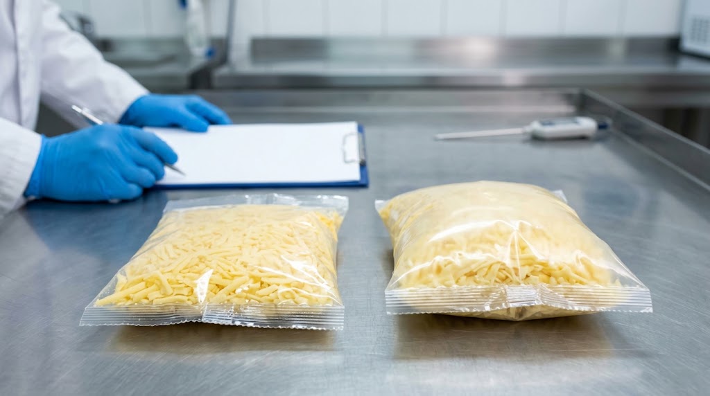 Illustrative comparison of approved and unexpectedly swollen cheese packs on an inspection surface