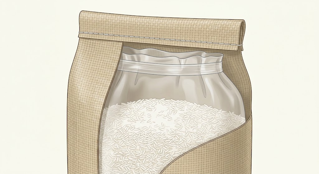 Illustrative cutaway of a woven rice sack with a separately closed inner liner and an independently sewn outer mouth.