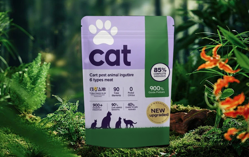 Stand-up pouch format reference for pet food packaging.