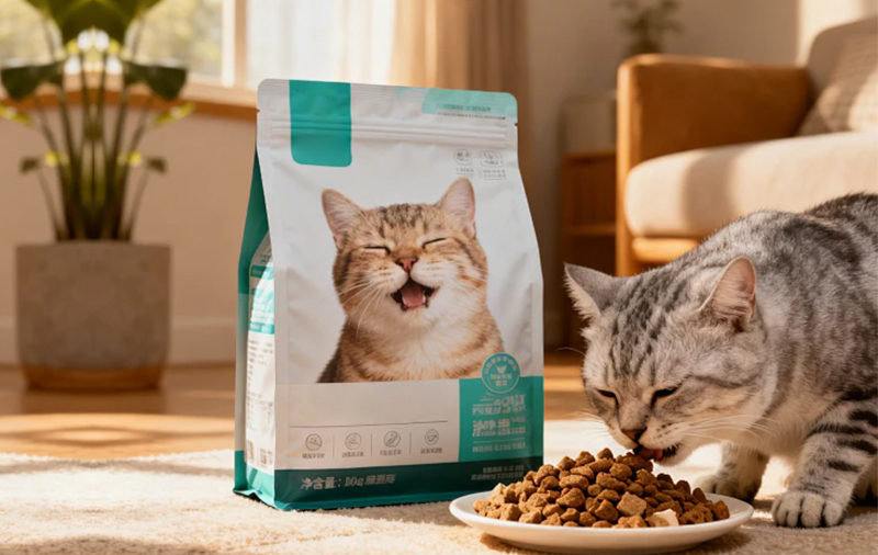 Flat-bottom pouch format reference for pet food packaging.
