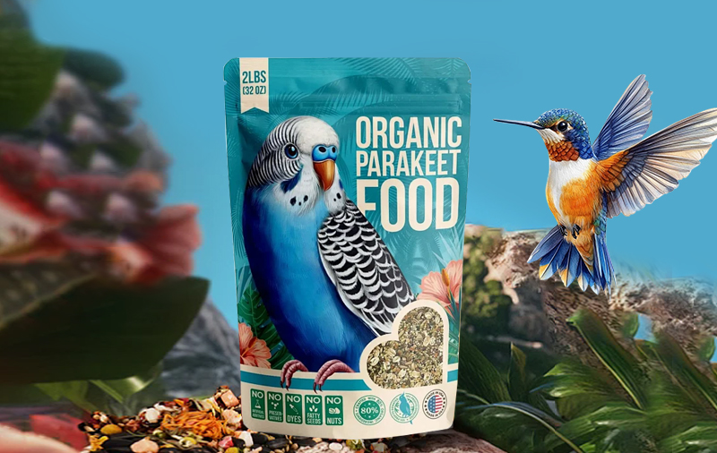 Stand-up pouch format reference for bird food packaging.