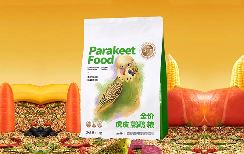 Flat-bottom pouch format reference for bird food packaging.