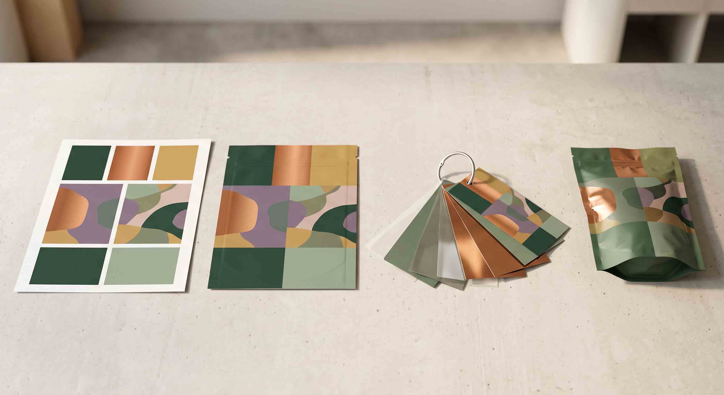 A non-readable artwork layout, material swatches, flat pouch sample, and finished sample arranged as a design-to-sample progression.