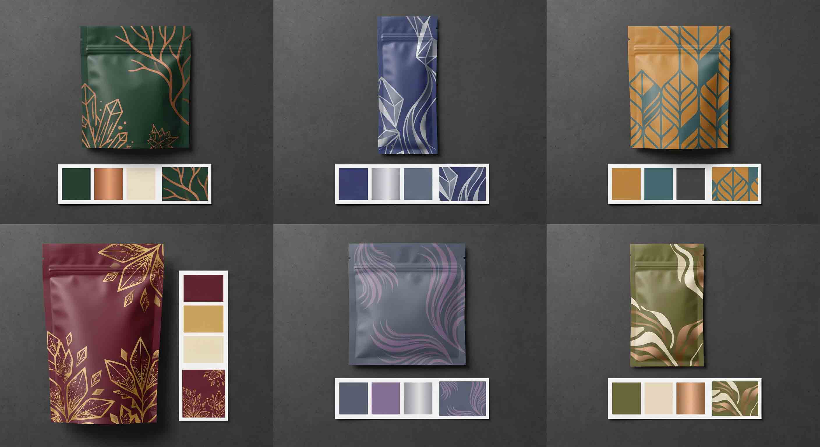 A coordinated series of unbranded cannabis pouch layout samples using varied colourways and a shared visual system.