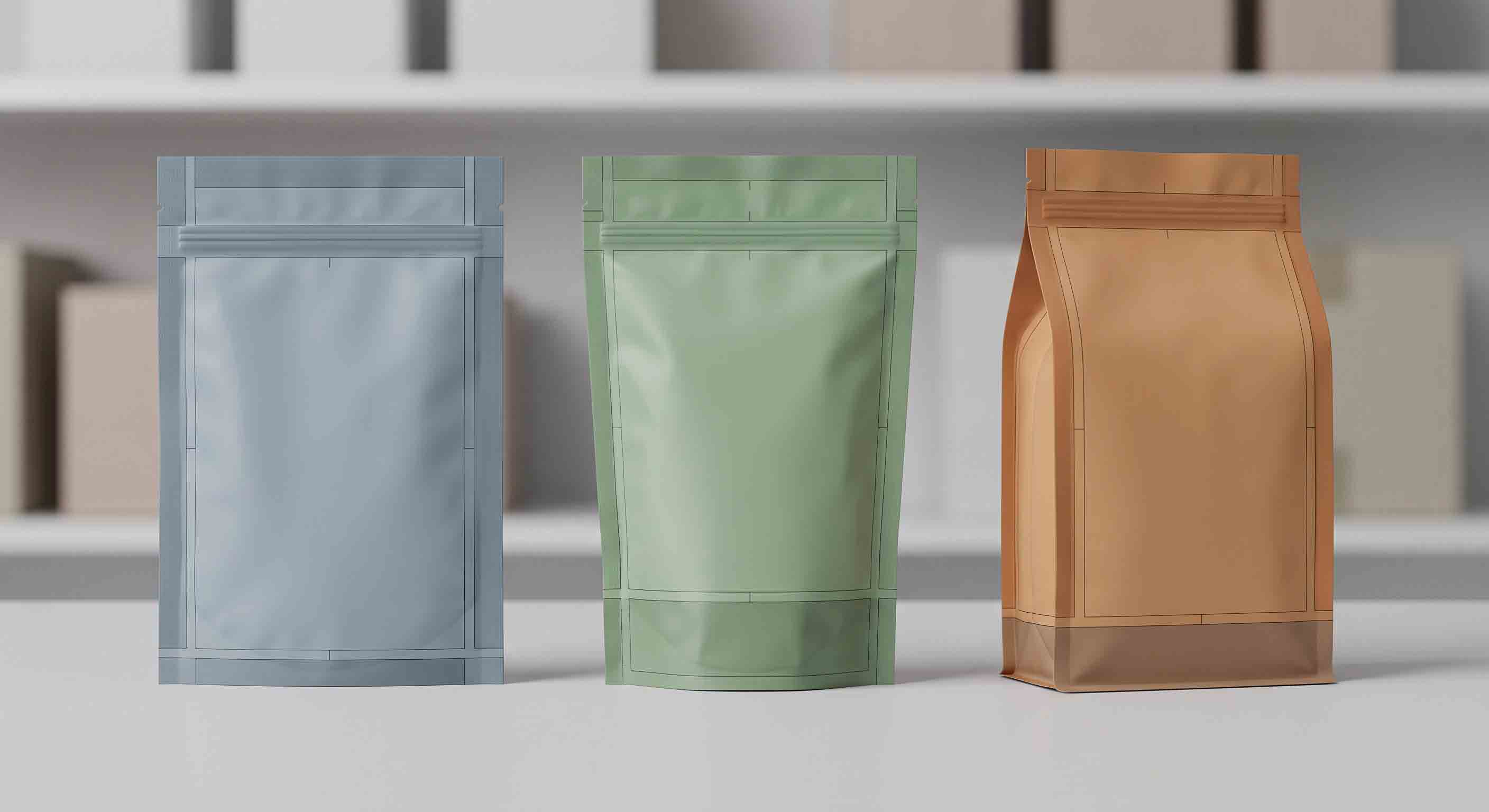 Three unbranded flexible pouch formats presented with distinct visible panel areas.