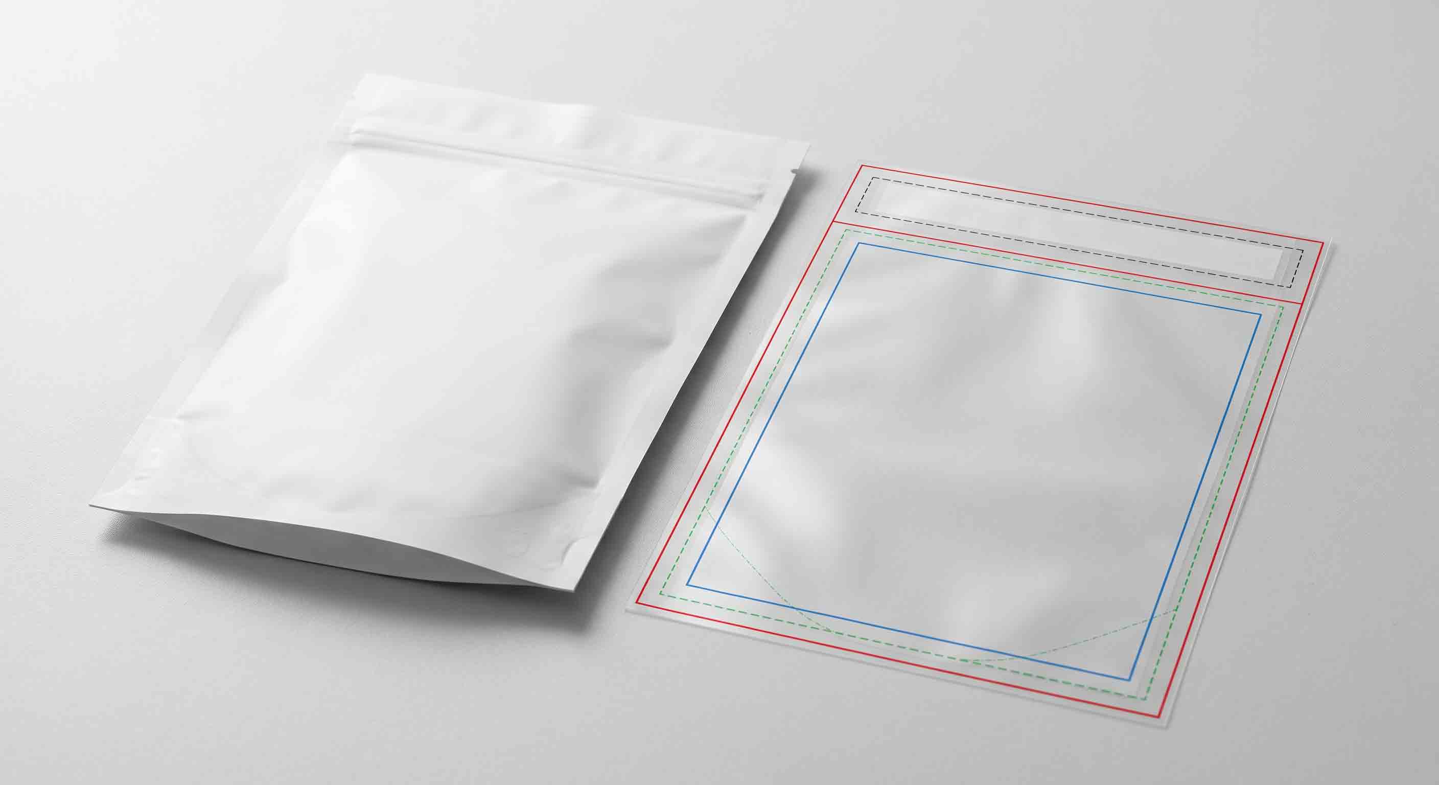 A pouch layout with non-readable guide bands showing printable, edge, and top-seal relationships.