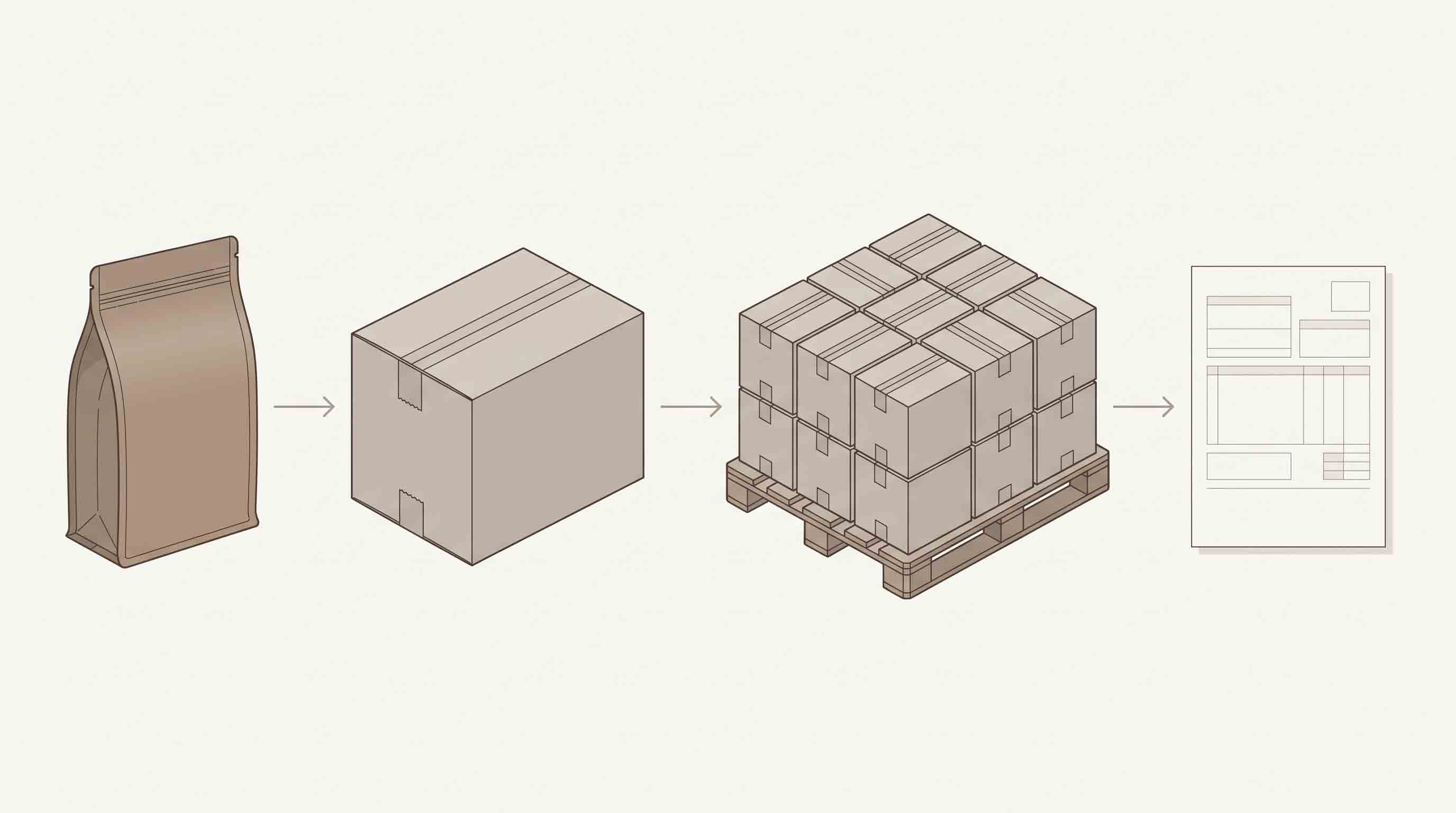 Illustrative sequence from empty pouch to carton, pallet, and freight quote